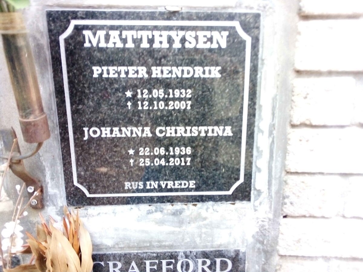 MATTHYSEN Pieter Hendrik 1932-2007 &amp; Johanna Christina 1936-2017