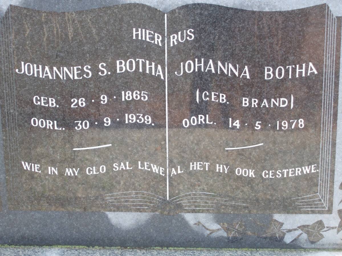 BOTHA  Johannes S. 1865-1939 &amp; Johanna BRAND -1978