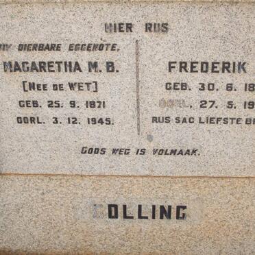 COLLING Frederik J. 1891-1966 :: COLLING Magaretha M.B. nee DE WET 1871-1945