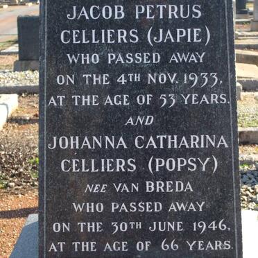 CELLIERS Jacob Petrus -1933 &amp; Johanna Catharina VAN BREDA -1946