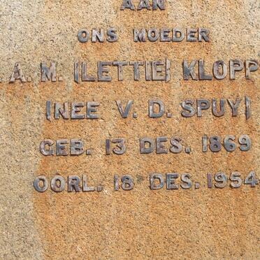 KLOPPERS A.A.M. nee V.D. SPUY 1869-1954