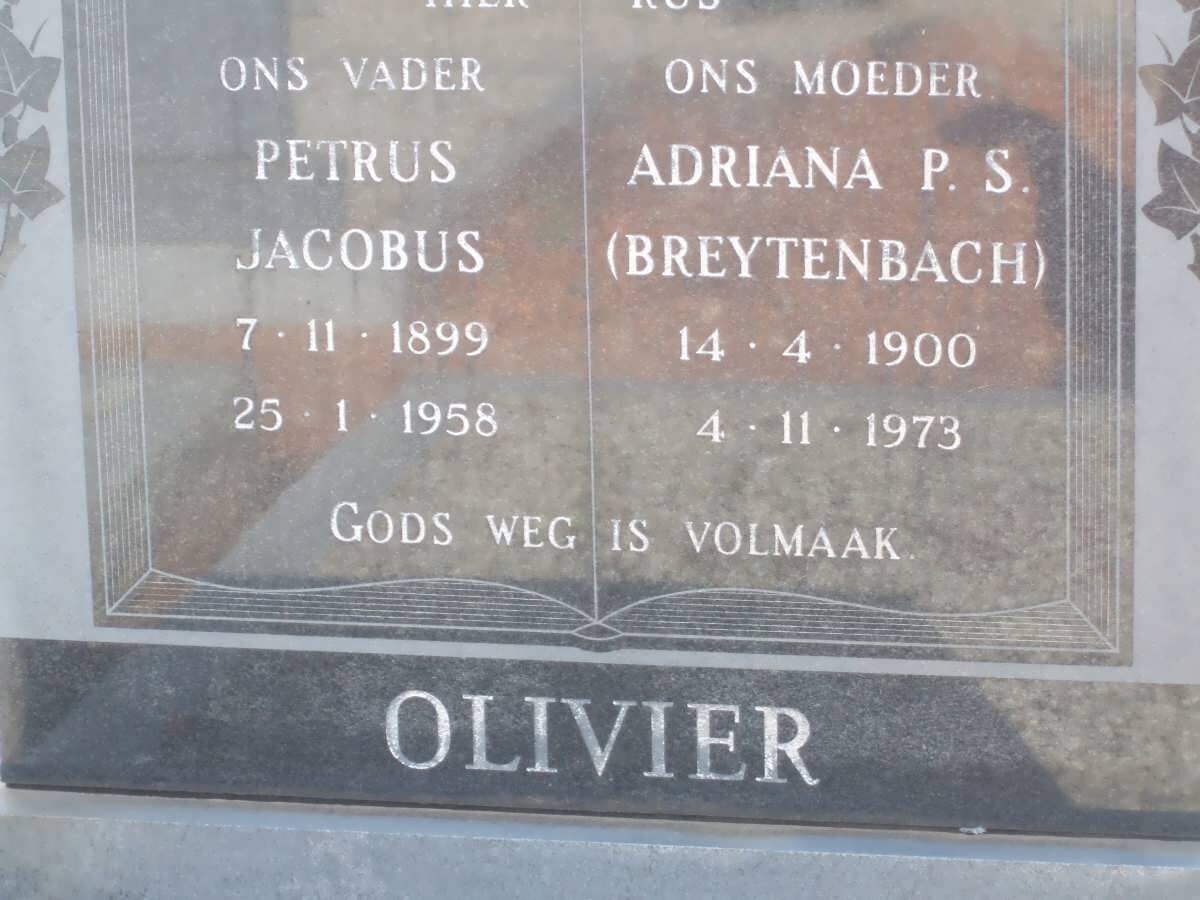 OLIVIER Petrus Jacobus 1899-1958 &amp; Adriana P.S. BREYTENBACH 1900-1973
