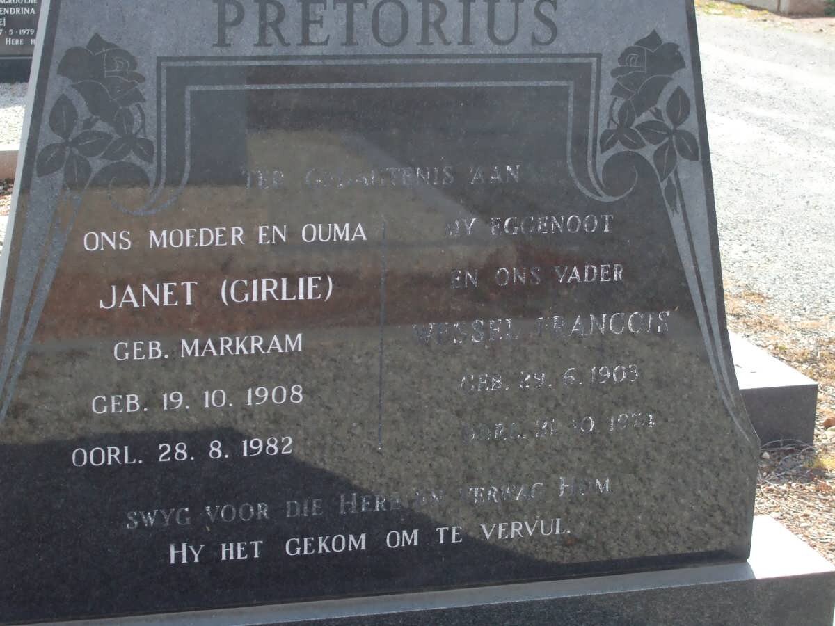 PRETORIUS Wessel Francois 1903-1974 &amp; Janet MARKRAM 1908-1982