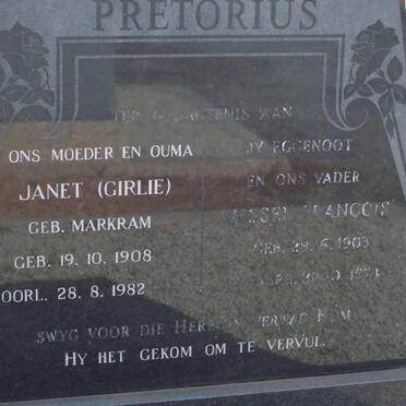 PRETORIUS Wessel Francois 1903-1974 &amp; Janet MARKRAM 1908-1982