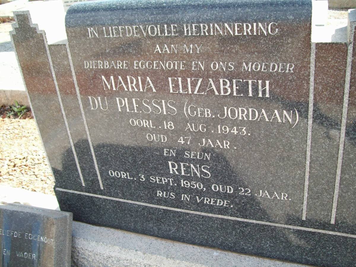 PLESSIS Maria Elizabeth JORDAAN -1943 :: DU PLESSIS Rens -1950
