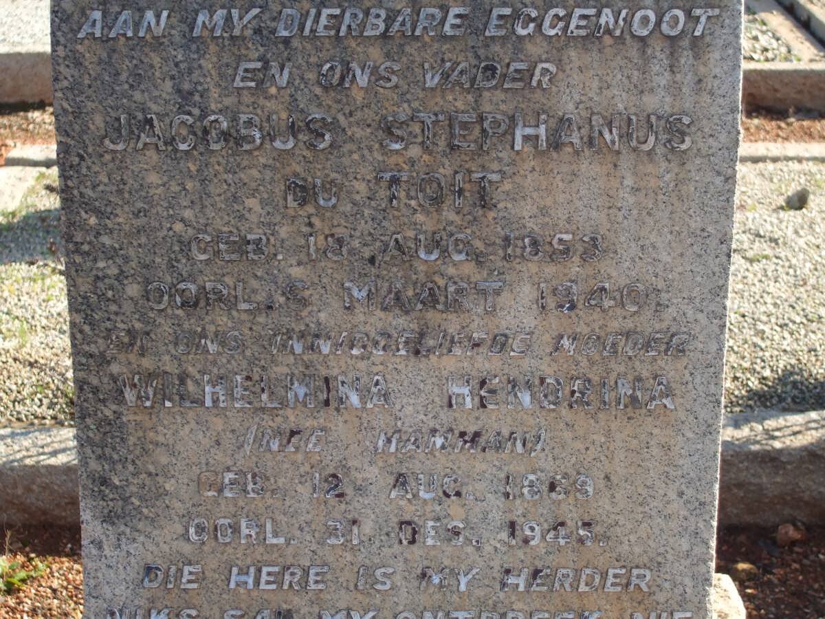 TOIT Jacobus Stephanus, du 1853-1940 &amp; Wilhelmina Hendrina HAMMAN 1869-1945