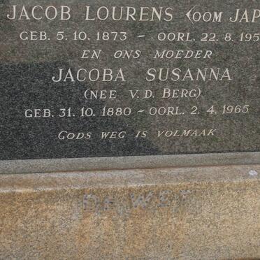 WET Jacob Lourens, de 1873-1958 &amp; Jacoba Susanna V.D. BERG 1880-1965