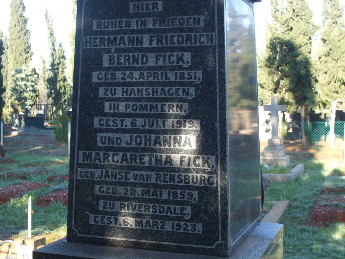 FICK Hermann Friedrich Bernd 1851-1919 &amp; Johanna Margaretha JANSE VAN RENSBURG 1859-1923