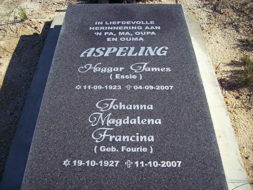 ASPELING Haggar James 1923-2007 &amp; Johanna Magdalena Francina FOURIE 1927-2007