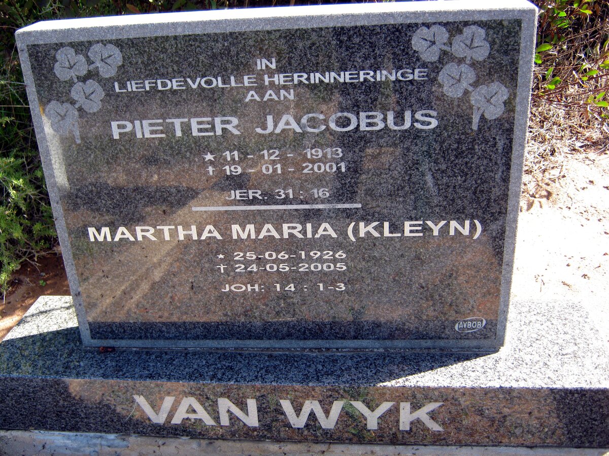 WYK Pieter Jacobus, van 1913-2001 &amp; Martha Maria KLEYN 1926-2005