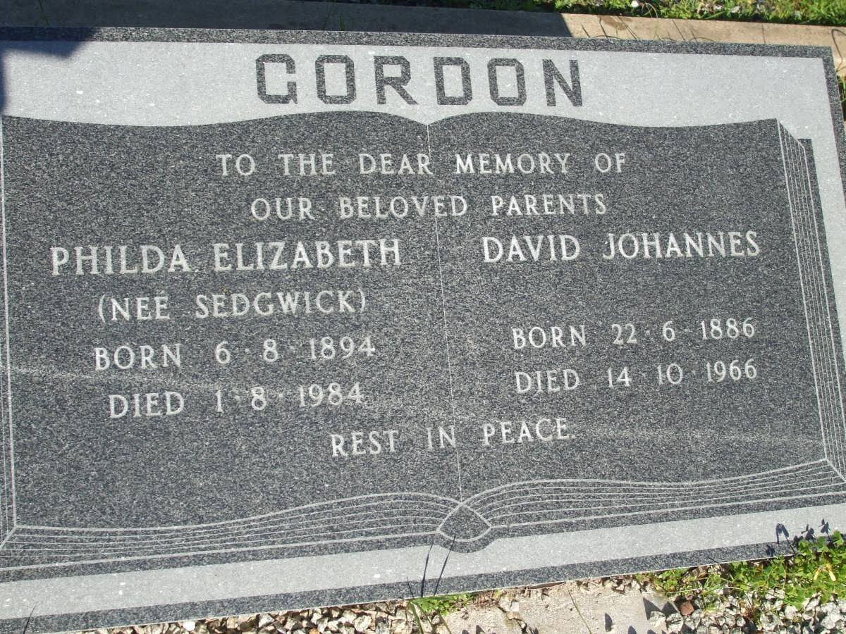 GORDON David Johannes 1886-1966 &amp; Philda Elizabeth SEDGWICK 1894-1984