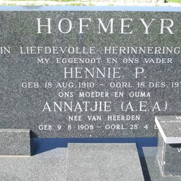 HOFMEYR Hennie P. 1910-1971 &amp; A.E.A. VAN HEERDEN 1908-19?? :: HOFMEYR Janette nee KRIEL 1945-2002