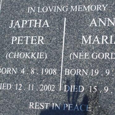 JAPTHA Peter 1908-2002 &amp; Ann Maria GORDON 1909-1968