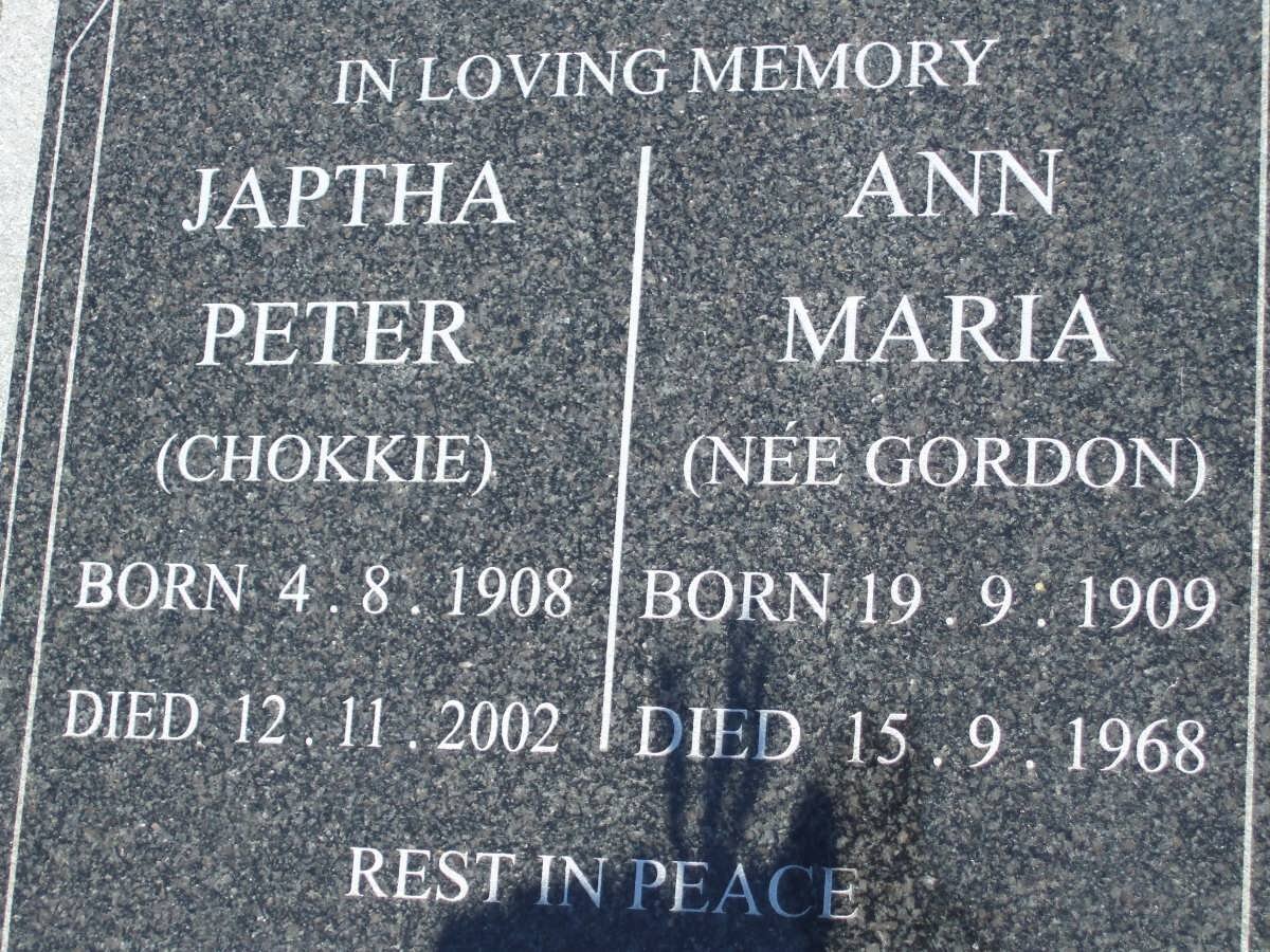 JAPTHA Peter 1908-2002 &amp; Ann Maria GORDON 1909-1968