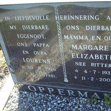 OPPERMAN Lourens 1926-1981 &amp; Margaret Elizabeth RITTER 1931-2005