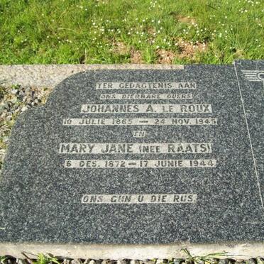 ROUX Johannes A., le 1865-1945 &amp; Mary Jane RAATS 1872-1944