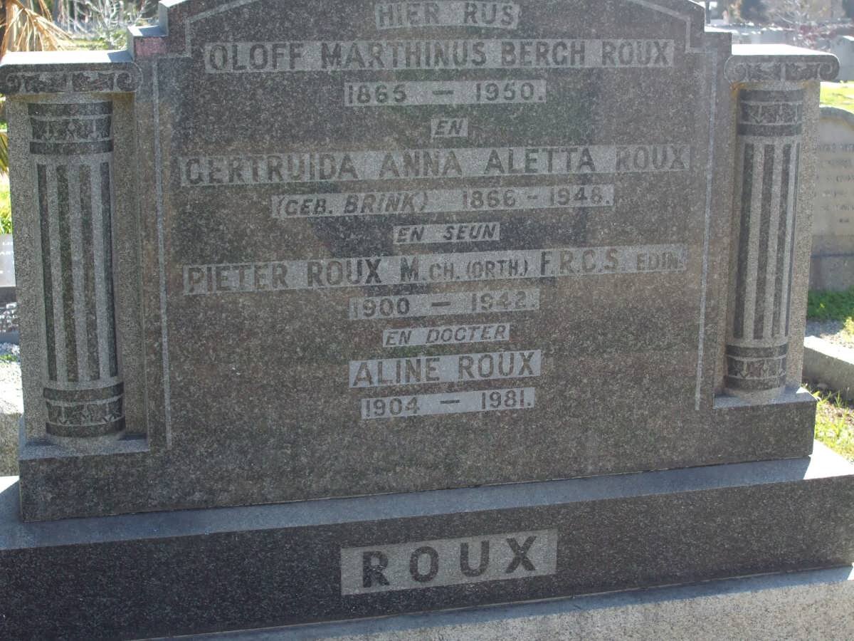ROUX Oloff Marthinus Bergh 1865-1950 &amp; Gertruida Anna Aletta BRINK :: ROUX  Pieter M. 1900-1942 :: ROUX Aline 1904-1981