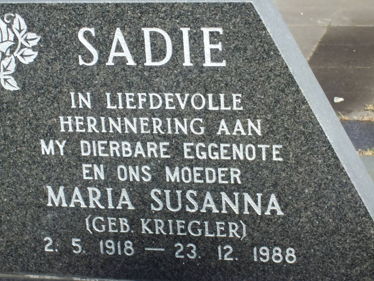 SADIE Maria Susanna nee KRIEGLER 1918-1988