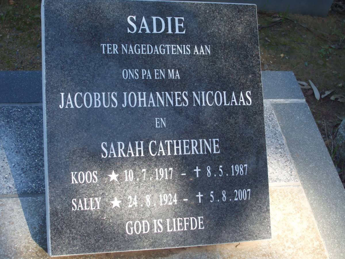 SADIE Jacobus Johannes Nicolaas 1917-1987 &amp; Sarah Catherine 1924-2007