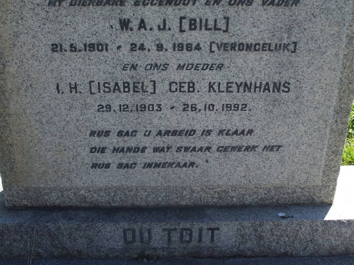 TOIT W.A.J., du 1901-1984 &amp; I.H. KLEYNHANS 1903-1992