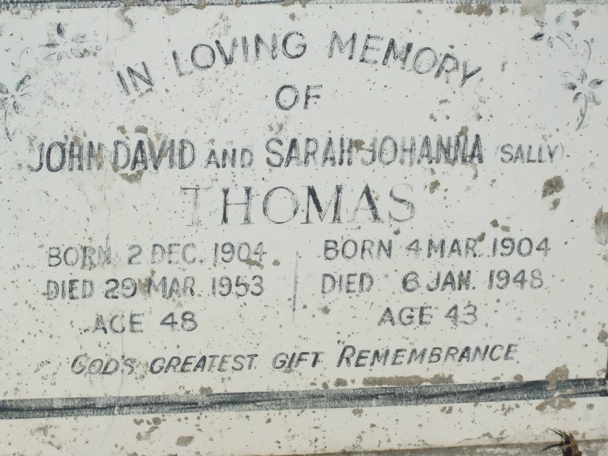 THOMAS John David 1904-1953 &amp; Sarah Johanna 1904-1948