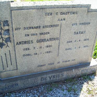 VRIES Andries Gerhardus, de 1891-1961 &amp; Sarah 1896-1978