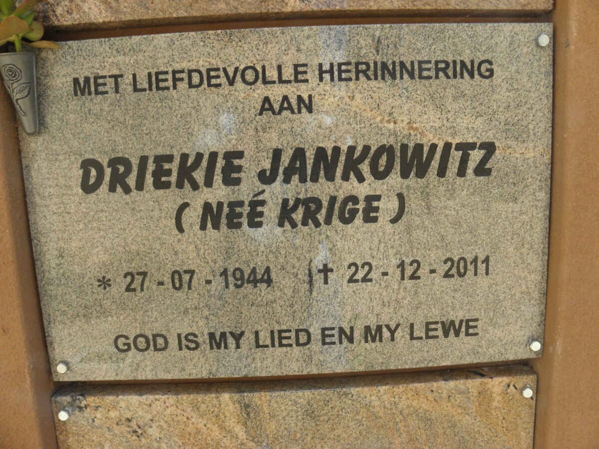 JANKOWITZ Driekie nee KRIGE 1944-2011