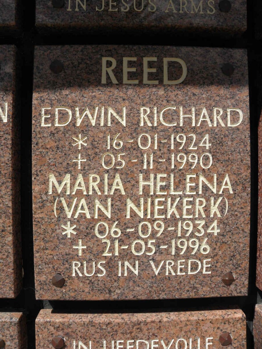 REED Edwin Richard 1924-1990 &amp; Maria Helena VAN NIEKERK 1934-1996