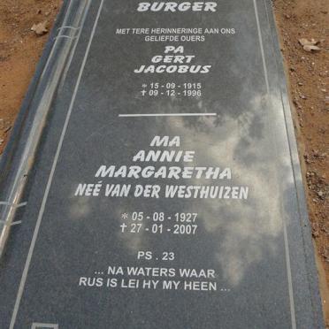 BURGER Gert Jacobus 1915-1996 &amp; Annie Margaretha VAN DER WESTHUIZEN 1927-2007