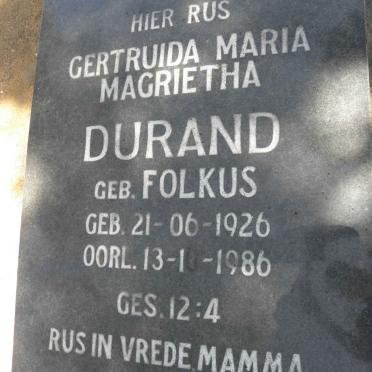 DURAND Gertruida Maria Magrietha nee FOLKUS 1926-1986