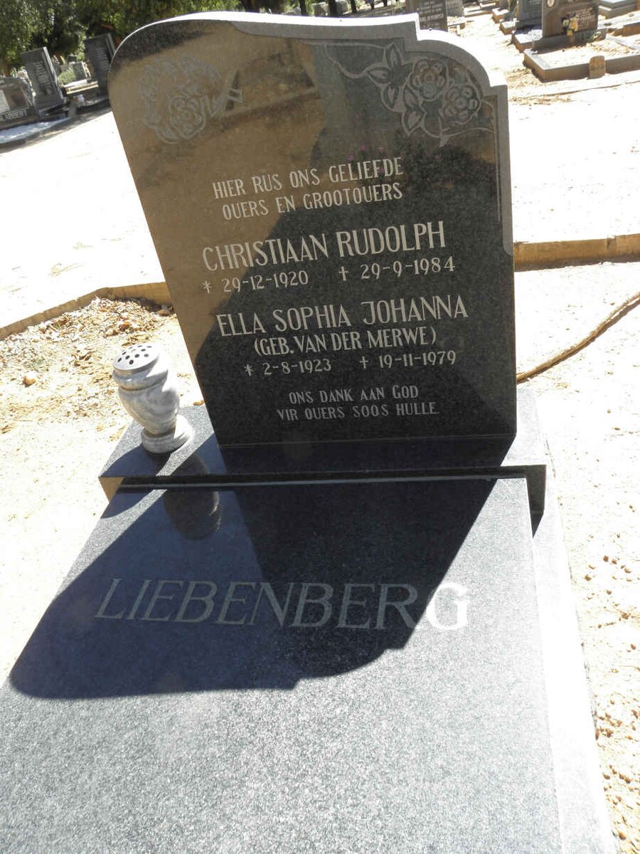 LIEBENBERG Christiaan Rudolph 1920-1984 &amp; Ella Sophia Johanna VAN DER MERWE 1923-1979