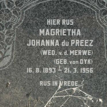 PREEZ Magrietha Johanna, du voorheen V.D. MERWE nee VAN DYK 1893-1956