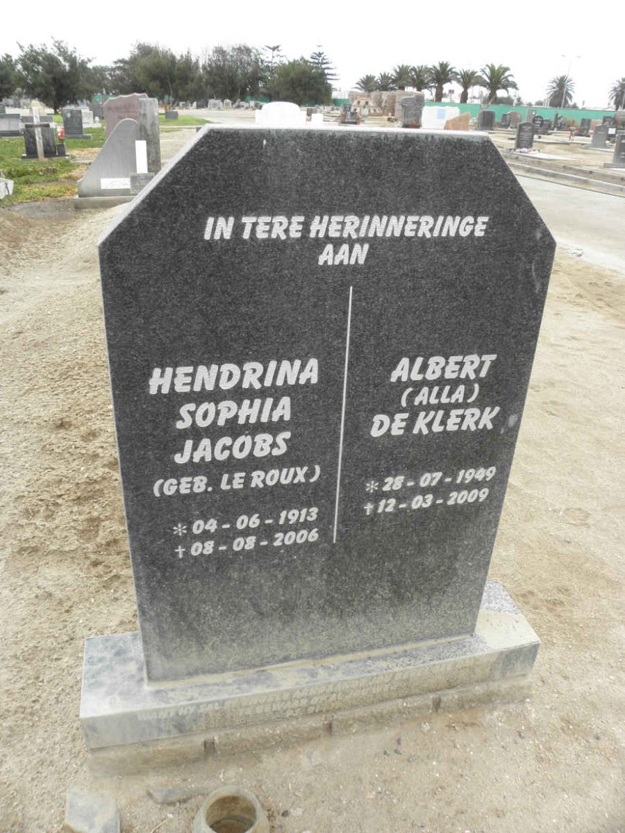 JACOBS Hendrina Sophia nee LE ROUX 1913-2006 :: DE KLERK Albert 1949-2009