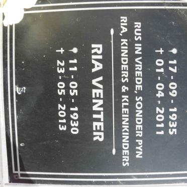 VENTER Gawie 1935-2011 &amp; Ria 1930-2013