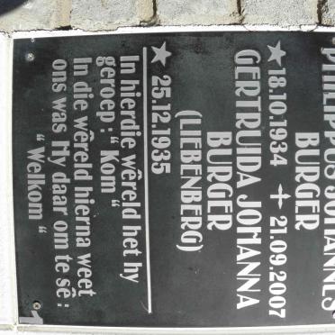 BURGER Philippus Johannes 1934-2007 &amp; Gertruida Johanna LIEBENBERG 1935-