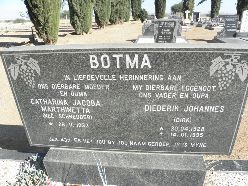 BOTMA Diederik Johannes 1928-1995 &amp; Catharina Jacoba Marthinetta SCHREUDER 1933-