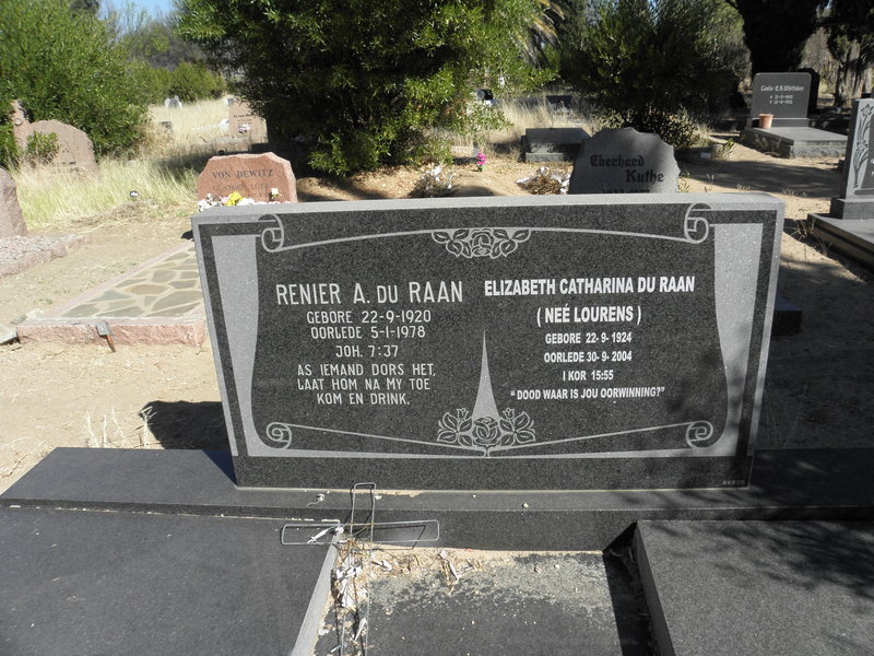 RAAN Renier A., du 1920-1978 &amp; Elizabeth Catharina LOURENS 1924-2004