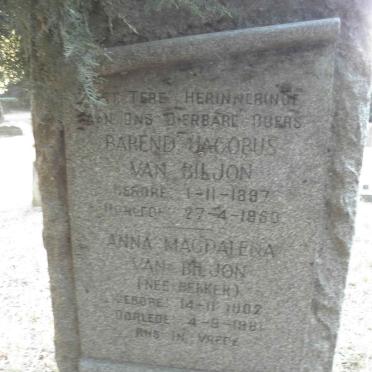 BILJON Barend Jacobus, van 1887-1950 &amp; Anna Magdalena BEKKER 1802-1981